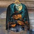 thumbnail image 4 of Uootdi Women's Halloween Pumpkin Graphic Sweatshirt - Glowing Witch Hat Jack Lanterns，Crewneck Long Sleeve,Trendy Fall Outfit,Party Wear Essential Dark Blue Women Tops, 4 of 6