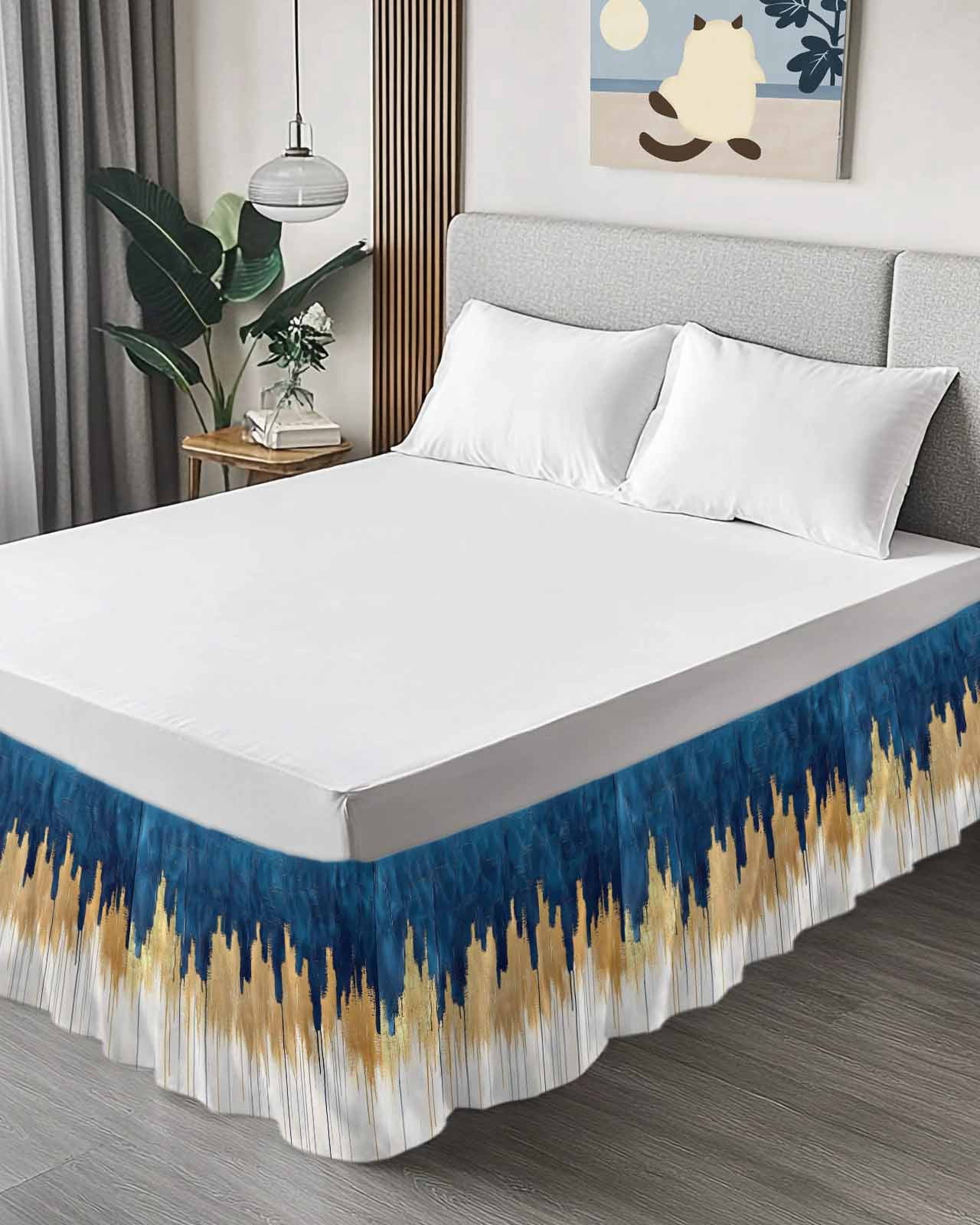 Blue Gold Wrap Around Bed Skirts for Queen Bed 16" Drop,Bed Skirt with Adjustable Elastic Belt Dust Ruffle Bed Valance for Bedroom Hotel Modern Street Art Splatter Foil Painting Bed Frame Cover