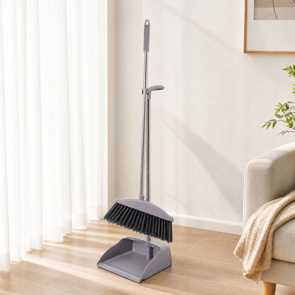 Szubyfq Broom and Dustpan Set for Indoor Outdoor Floor Cleaning Broom with Dustpan Combo Set with Long Handle Stand Up Plastic Dustpan Set for Office Home Kitchen Lobby Floor Cleaning