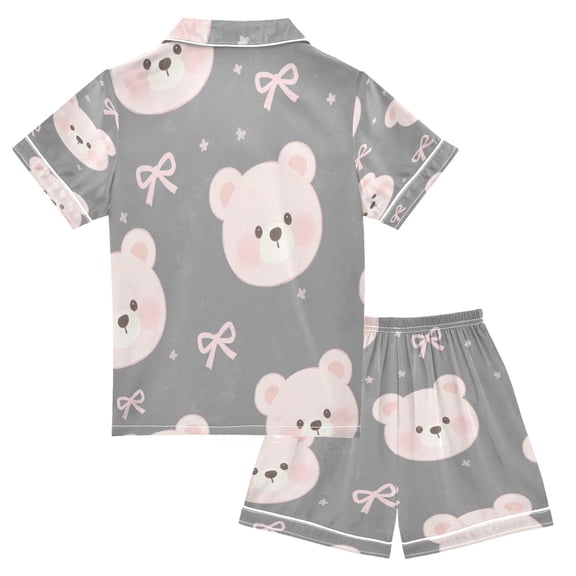 Ttyddzy Pajama Sets for Boys&Girls, Soft Silky Satin Button-Up Pjs with Shorts for Spring/Summer, Gray Bear S