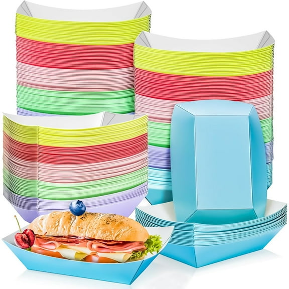 120 Pack 2LB Colorful Paper Food Boat Trays Disposable Paper Boats Containers, Colored Kraft Food Serving Boat Tray Basket for Snack Popcorn Sandwich Burger BBQ Hot Dog Taco Fries Nacho