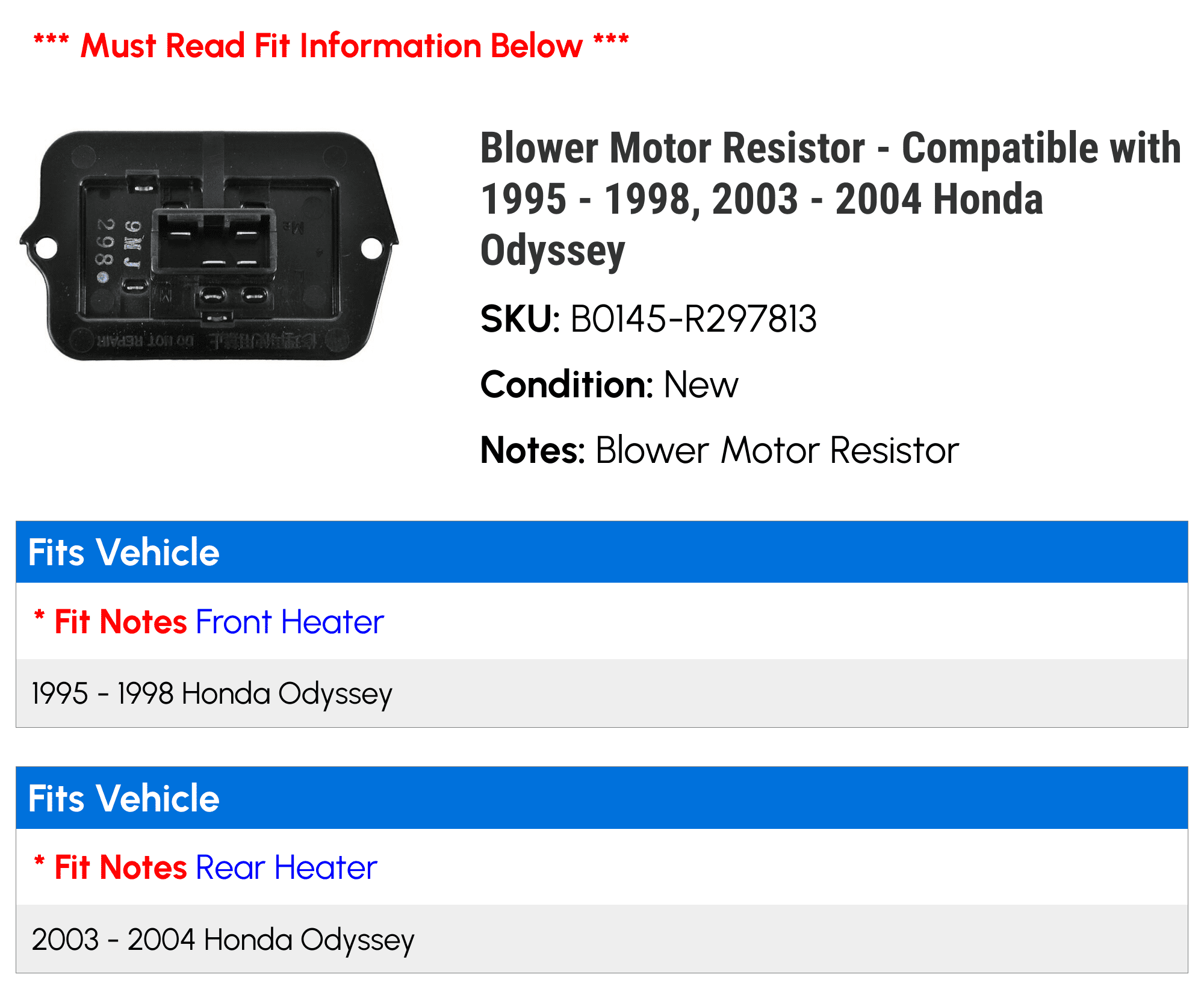Blower Motor Resistor - Compatible with 1995 - 1998, 2003 - 2004 Honda Odyssey 1996 1997