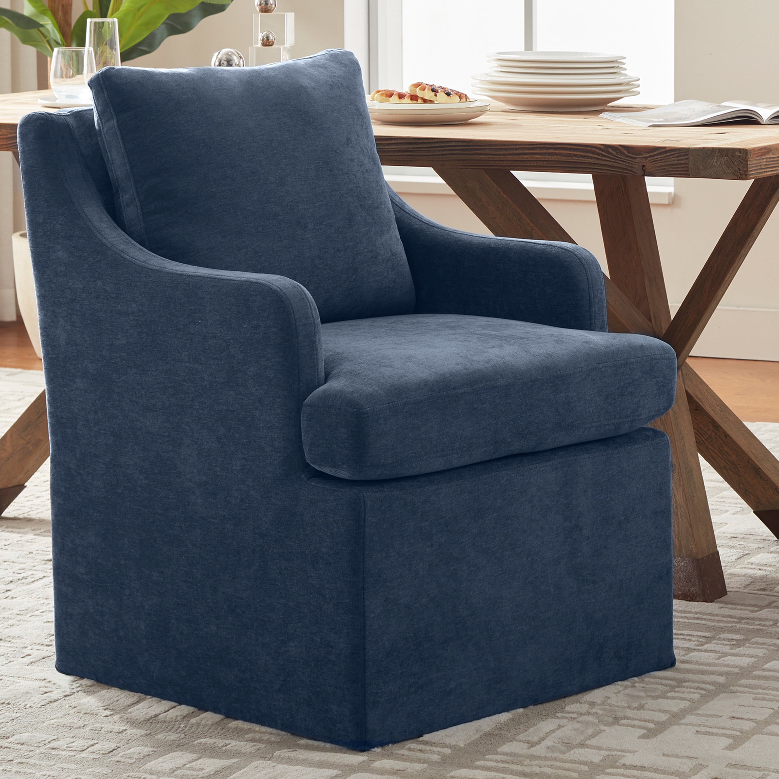 Vknow Furniture Set of 2 Upholstered Dining Chairs with Rolling Casters and Armrests for Kitchen and Dining Room,Blue
