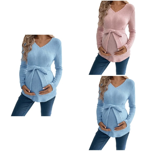Loopsun Womens Tops, Shirts for Maternity, Women's Solid V Neck Long Sleeve Casual Slim Stretchy Maternity Top Blue, M