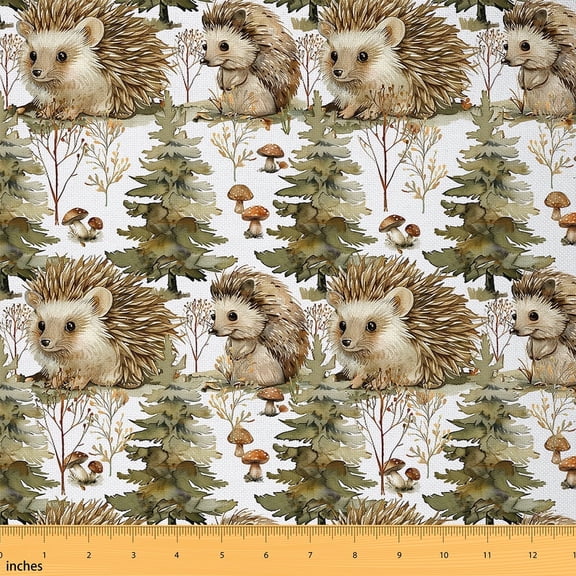 Hedgehog Fabric By The Yard,Watercolor Branch Leaves Upholstery Fabric,Jungle Pine Trees Decorative Fabric,Woodland Wildlife Animal Indoor Outdoor Fabric Natural Mushroom Decor,5 Yards