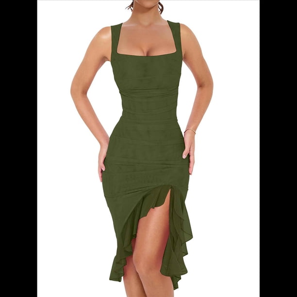 Vestido Midi Ajustado Fruncido para Mujer, Cuello Cuadrado, Sin Mangas, Bajo con Volantes, Vestido de Fiesta para Discoteca, Verde , Talla S