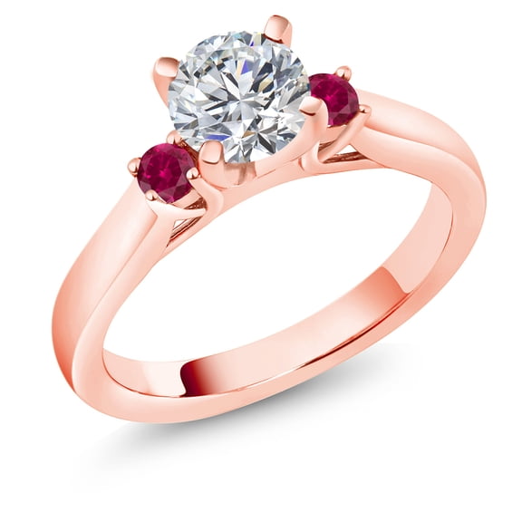 Gem Stone King 18K Rose Gold Plated Silver Lab Grown Diamond and Red Created Ruby Engagement Ring for Women | 0.86 Cttw | Round 6MM | Gemstone April Birthstone | Size 8