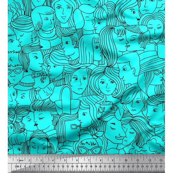 Soimoi Green Cotton Duck Fabric Human Face Print Sewing Fabric Yard 42 Inch Wide