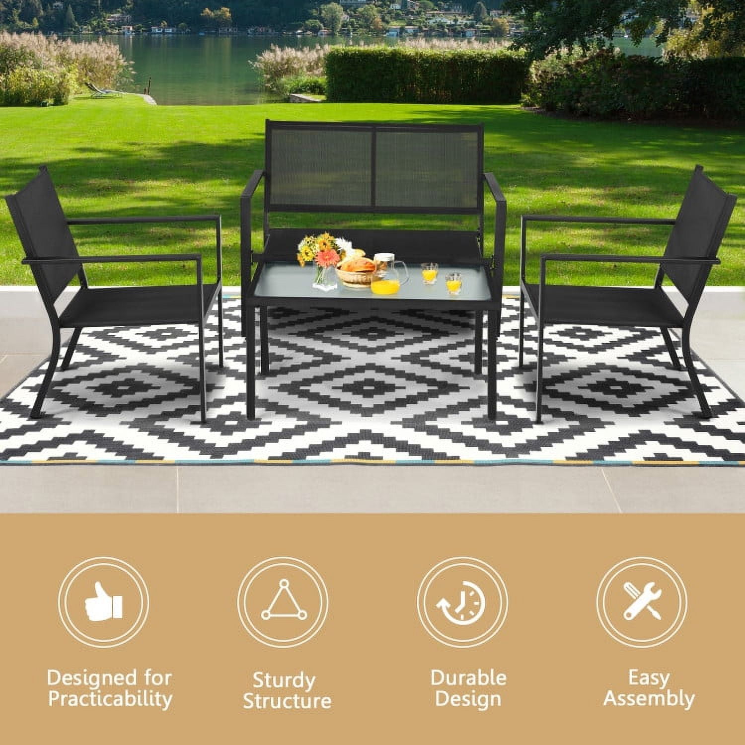 Aimee Lii 4 PCS Patio Furniture Set Sofa with Coffee Table Steel Frame, Outdoor Patio Furniture Sets, Gray Aimee Lii 4 PCS Patio Furniture Set Sofa with Coffee Table Steel Frame, Outdoor Patio Furniture Sets, Gray