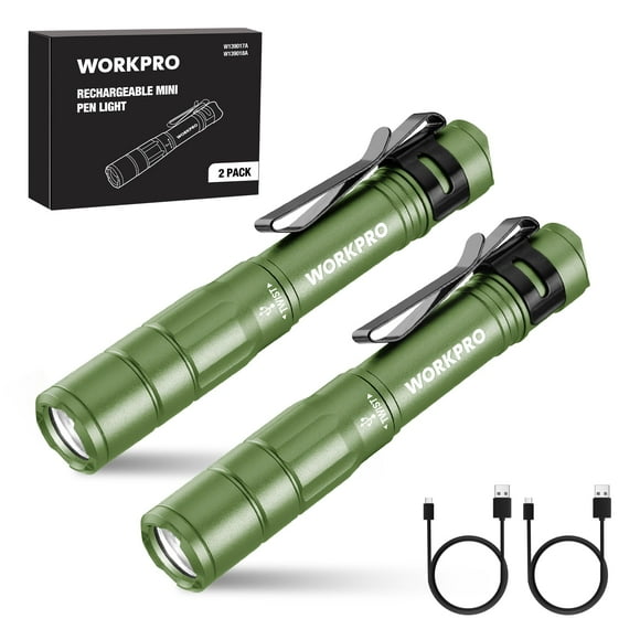Flashlight WORKPRO - Lápiz recargable (300 lm, 2 unidades), color verde