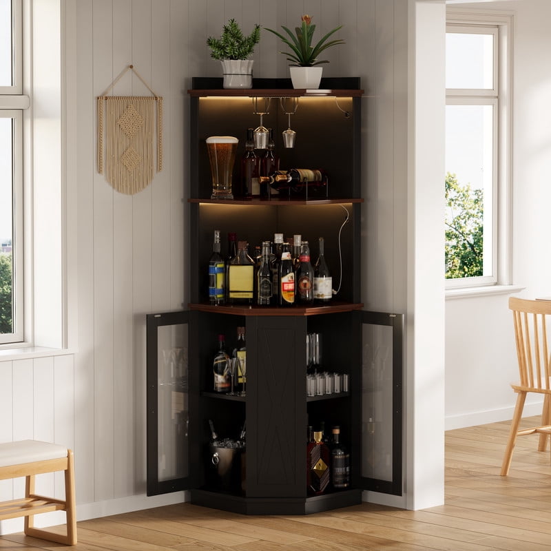 Triangular Corner Bar Cabinet with Power Outlet, Farmhouse Wine Storage Cabinet with Adjustable Shelves, LED Lights & Glass Rack