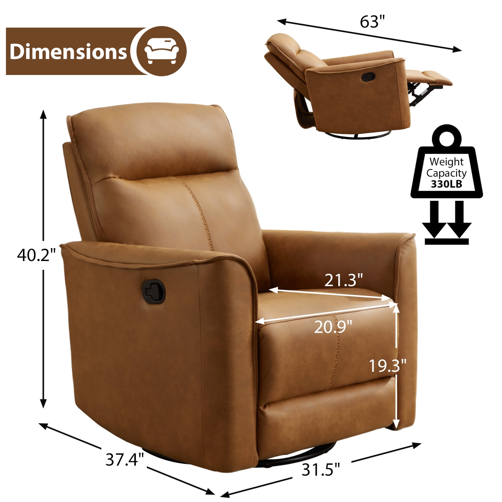 Bonzy Home PU Leather Swivel Rocker Recliner, 360 Degree Swivel Rocking Chair with Soft Backrest for Living Room, Bedroom and Office,Brown