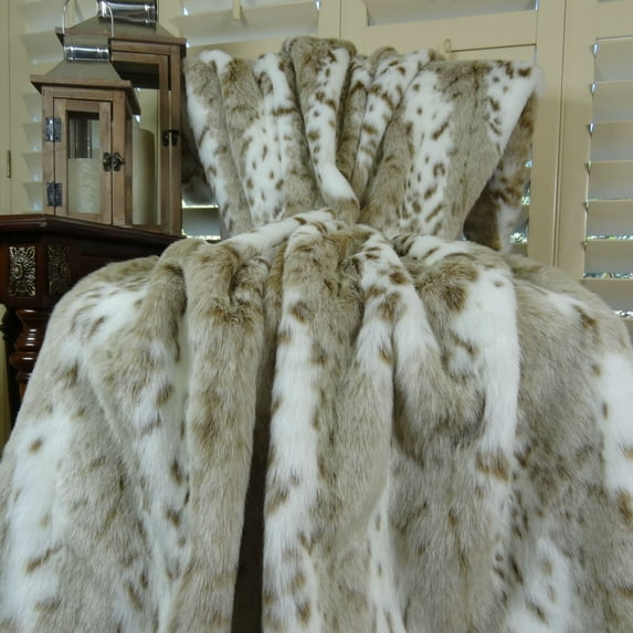 Thomas Collection White Taupe Brown Leopard Faux Fur Throw Blanket - 16431