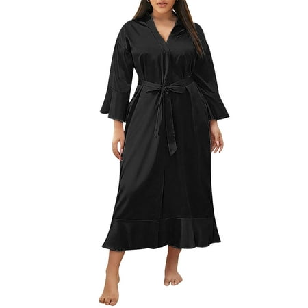 

DYMADE Women s Plus Size Satin Lingerie Robe Kimono Nightgown Long Sleeve Sleepwear Nightdress