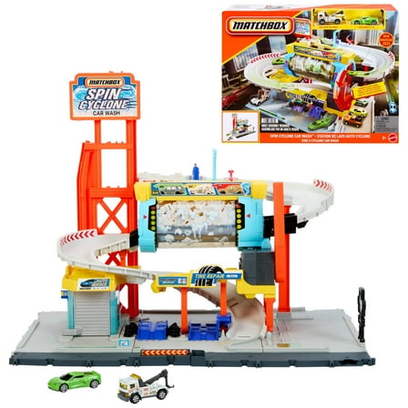 Matchbox Spin Cyclone Car Wash Playset with 1:64 Scale Die-Cast Toy Corvette & Tow Truck