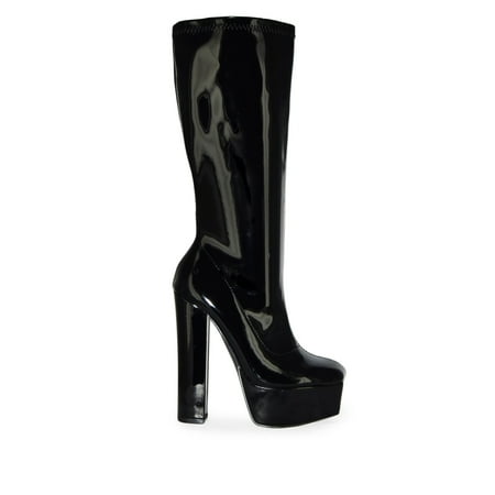 

Wild Diva Retro Mid Calf Patent Chunky Block Platform Heel Boots (Black Patent 9)