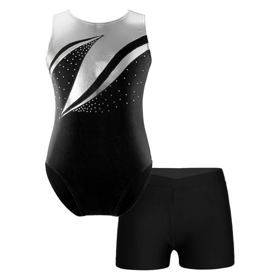 YEAHDOR Kids Girls Sleeveless Shiny Rhinestones Leotard with Shorts Athletic Outfit for Dance Workout