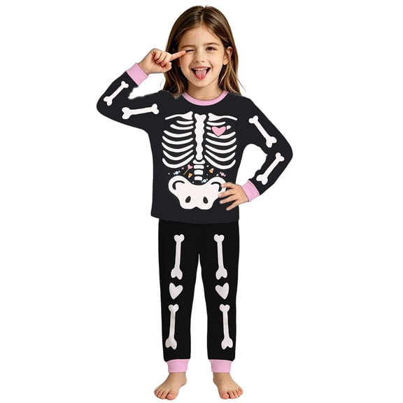 REDARER Kids Halloween Skeleton Print 2 Piece Pajama Set Long Sleeve Soft Breathable Sleep Outfit for Trick or Treat Holiday Party Nightwear,4-5 Years
