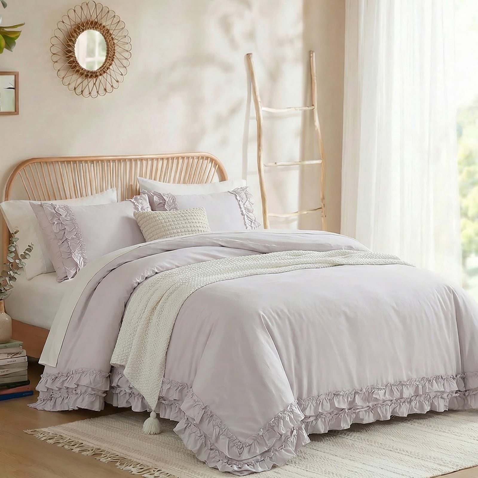 100% Cotton Ruffled Comforter Set Queen, White Shabby Chic Farmhouse Bedding Set French Country Cute Comforter Set