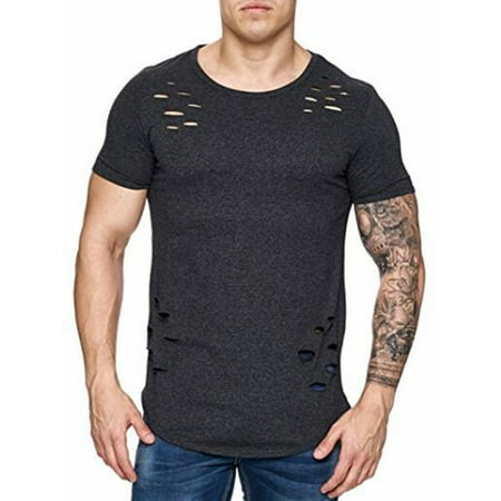 Men's Holes Ripped Shirt Short Sleeve Skinny Solid Cotton