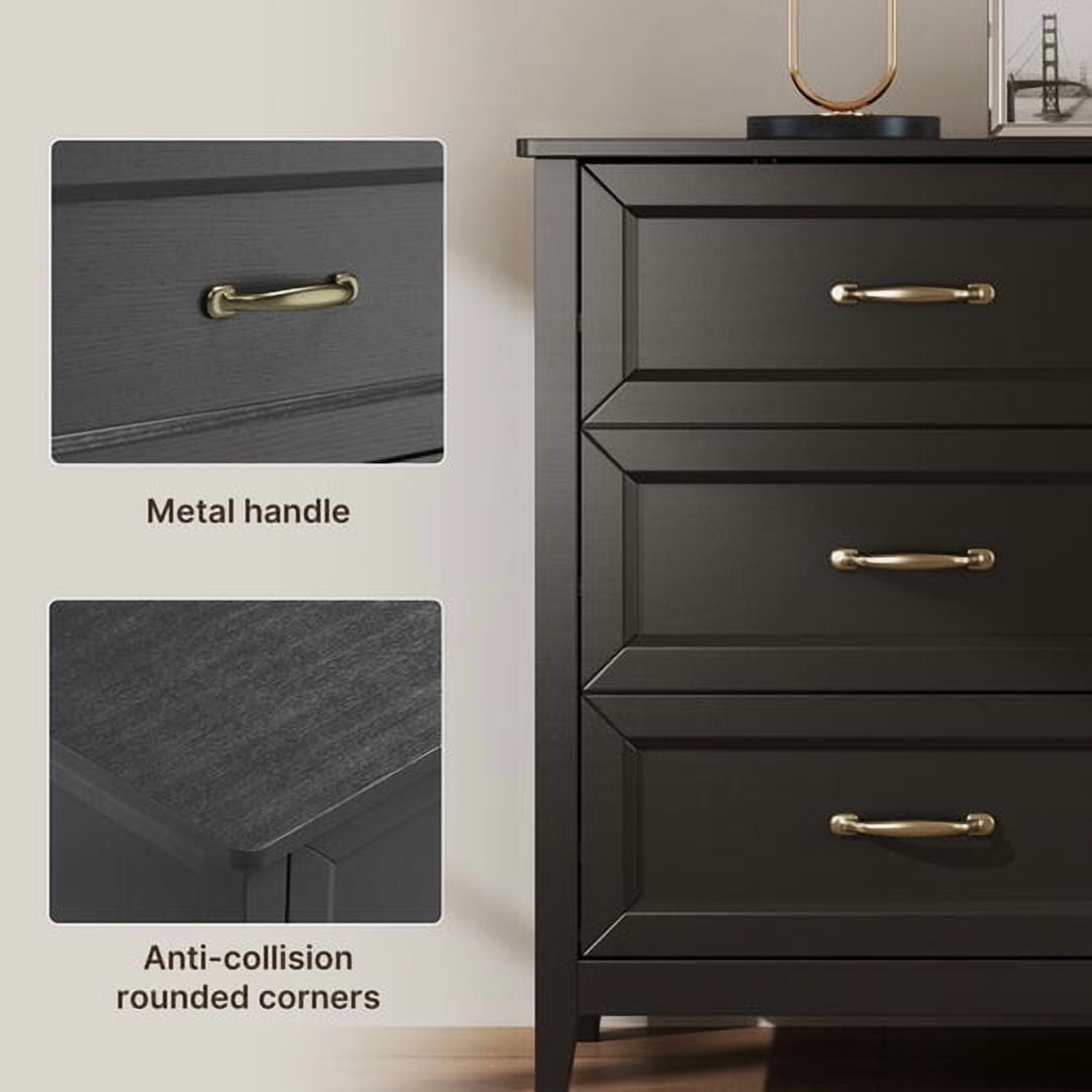 Aiho Farmhouse Dresser for Bedroom, 47.2" Wide 6 Drawer Dresser Storage Organizer, Wood Chest of Drawers for Bedroom, TV Stand for 50 inch TV, for Living Room, Hallway - Black