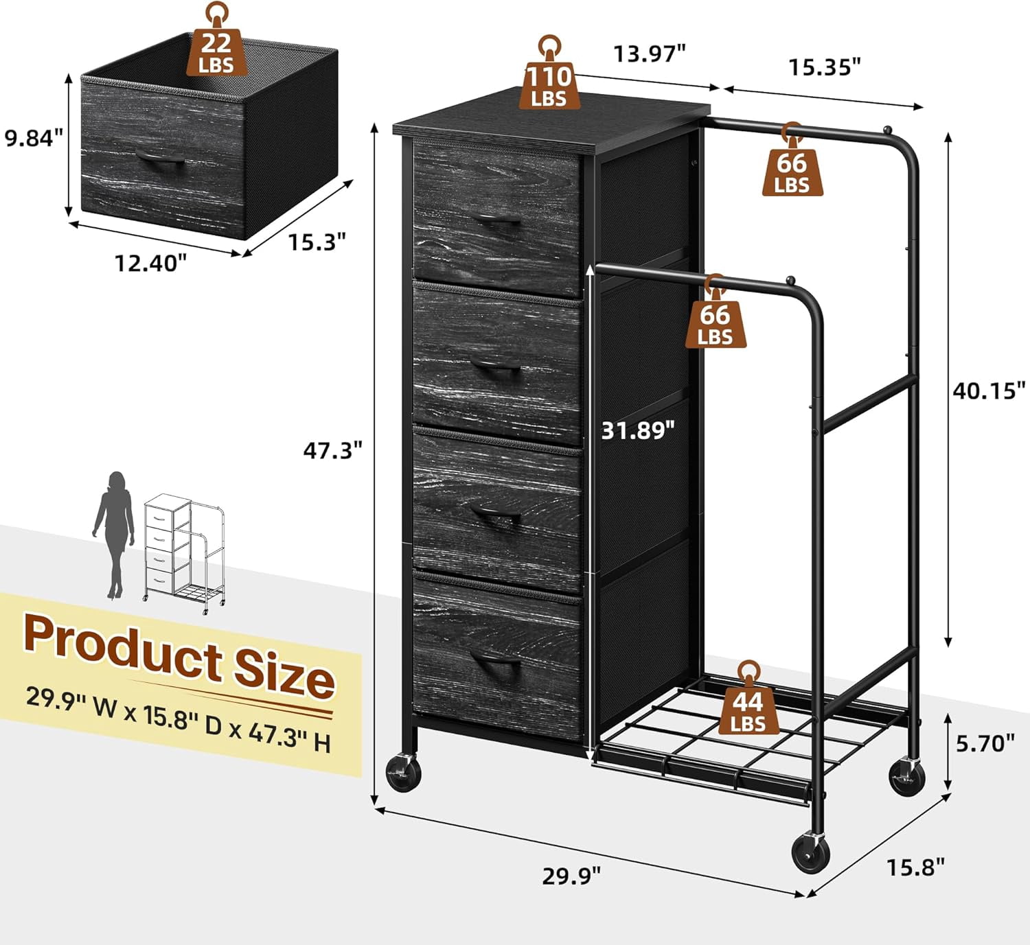 47.3" H Dresser with Hanging Rack, 4 Fabric Drawers with Double Clothes Rack & Wheels, Tall Closet Organizer Dresser for Bedroom, Entryway, Black, 15.8" D x 29.9" W x 47.3" H