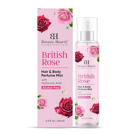 Botanic Hearth British Rose Hair Perfume & Body Perfume Mist with Hyaluronic Acid, Alcohol-Free, Refreshing & Hydrating Body Spray, Long Lasting Floral Fragrance, 100 ml / 3.4 fl oz