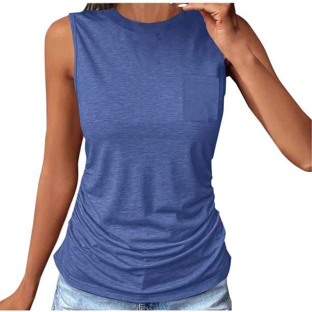 Blusas para las Mujeres Casual Verano Color Sólido Cuello Redondo Bolsillo sin Mangas Tanque Blusa, Poliéster Casual Top, Lavado de Manos
