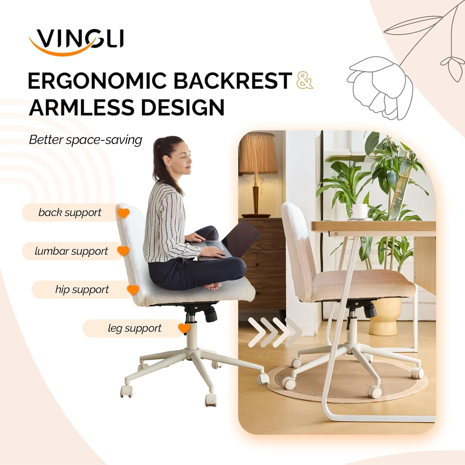 JOYMOR Modern Vanity Chair Dual-Use with/no Wheels, Armless Criss Cross Legged Chair, Swivel Wide Comfy Office Desk Chair, Computer Chair