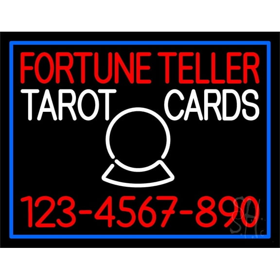 Fortune Teller Tarot Cards With Phone Number Blue Border LED Neon Sign 15" Tall x 19" Wide - inches Black Square Cut Acrylic Backing, with Dimmer - Premium built indoor LED Neon Sign for Storefront.