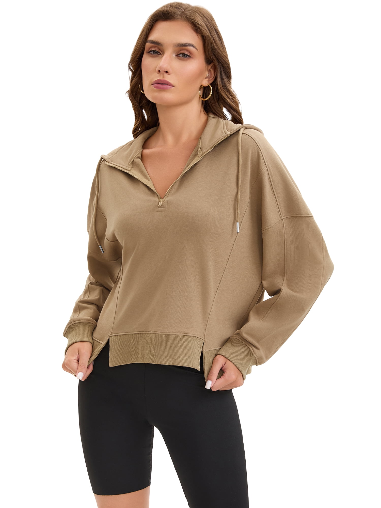 DARING DIVA Women's Stylish Cropped Half Zip Hoodie with Trendy Side Slits XL Khaki
