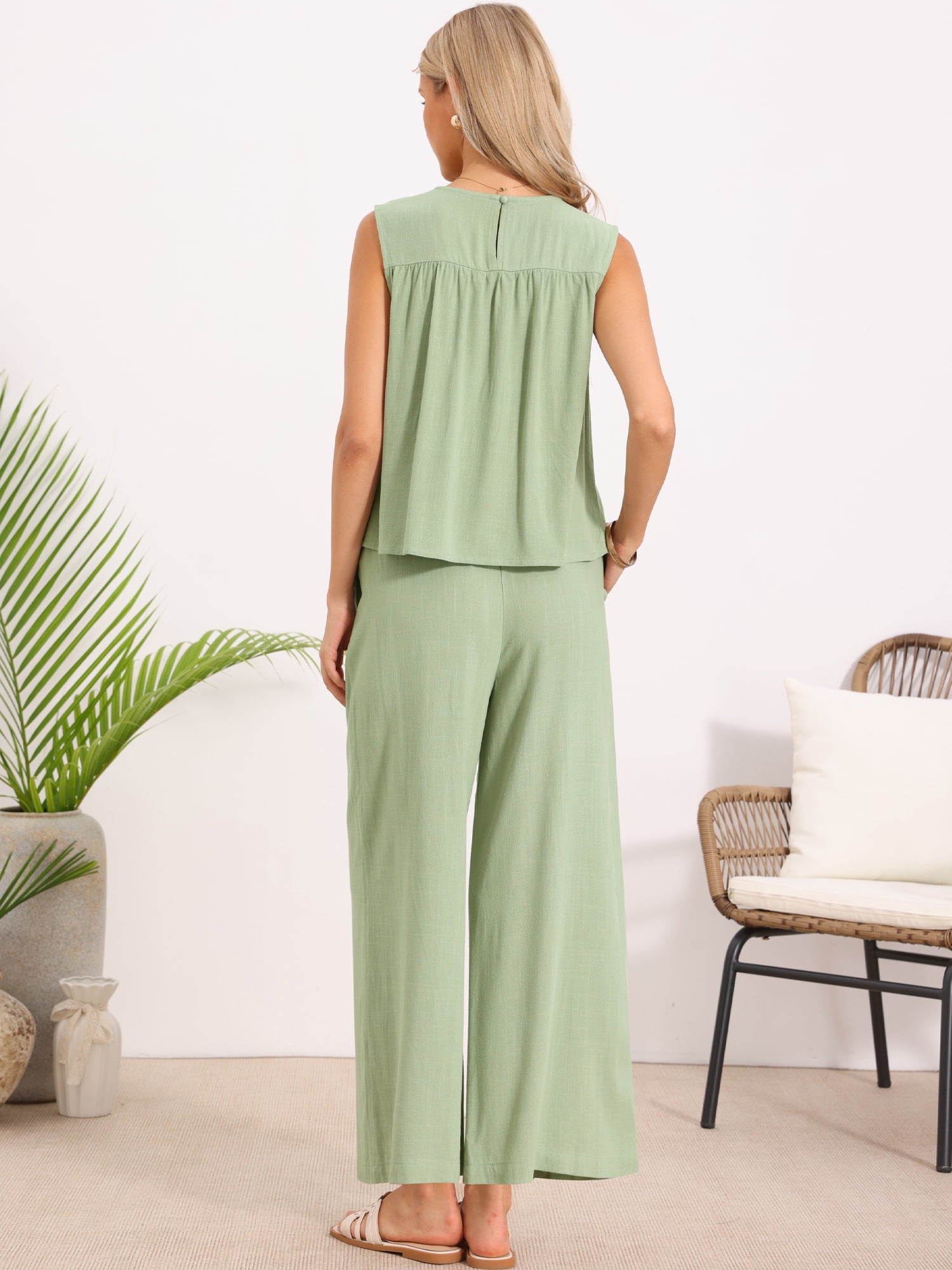 DARING DIVA Women's 2 Piece Outfit Linen Cropped Tops Leg Pants Lounge Set XL Green