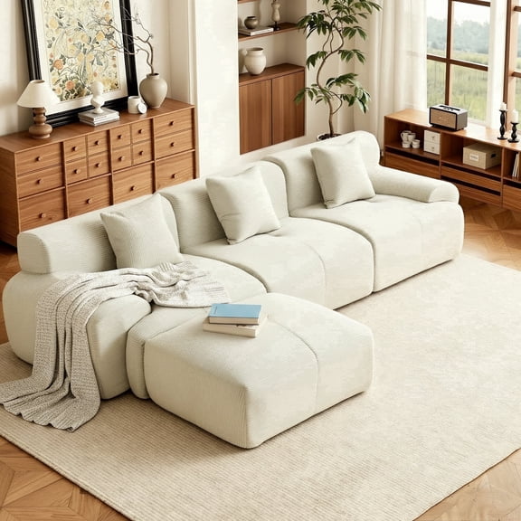 GAOHAPY 107"Modern L Shaped Modular Sectional Sofa, Oversized Corduroy Couch Deep Seat, Boneless Cloud Couch with Ottoman, 30D Sponge for Indoor Living Room, No Assembly Required(Beige)