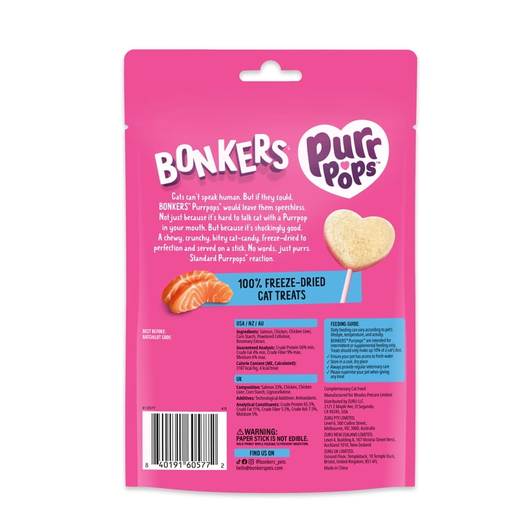 12 pack) BONKERS Purrpops, Freeze Dried Salmon Flavored Lollipop