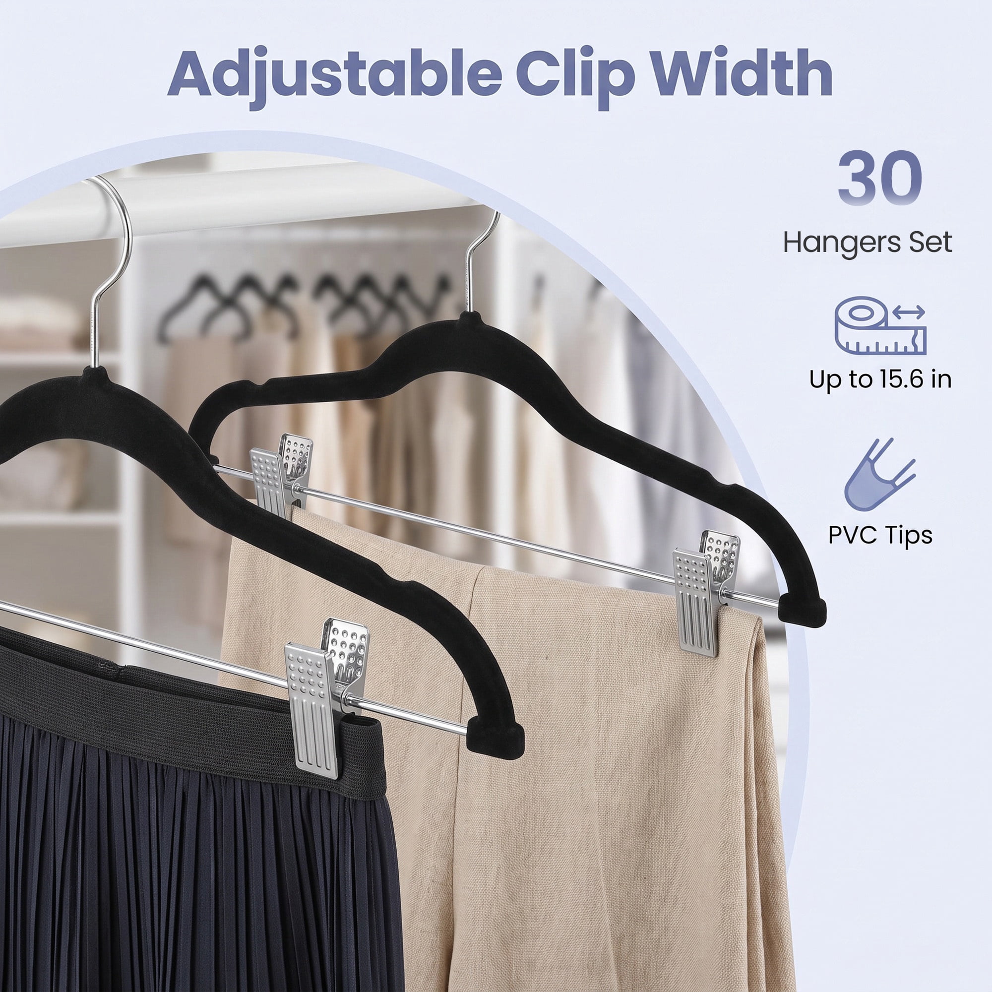 Ledrem 50-pack Adjustable Velvet Hangers with Movable Clips, Black