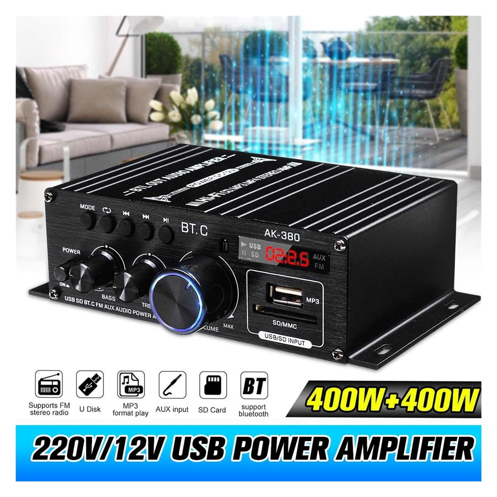 Ak380 800W 12V Power Amplifier Bluetooth 5.0 Stereo Home Car BASS Audio Amp Music Player Bluetooth Car Speaker Class D FM USB/SD ,Scalable Fun