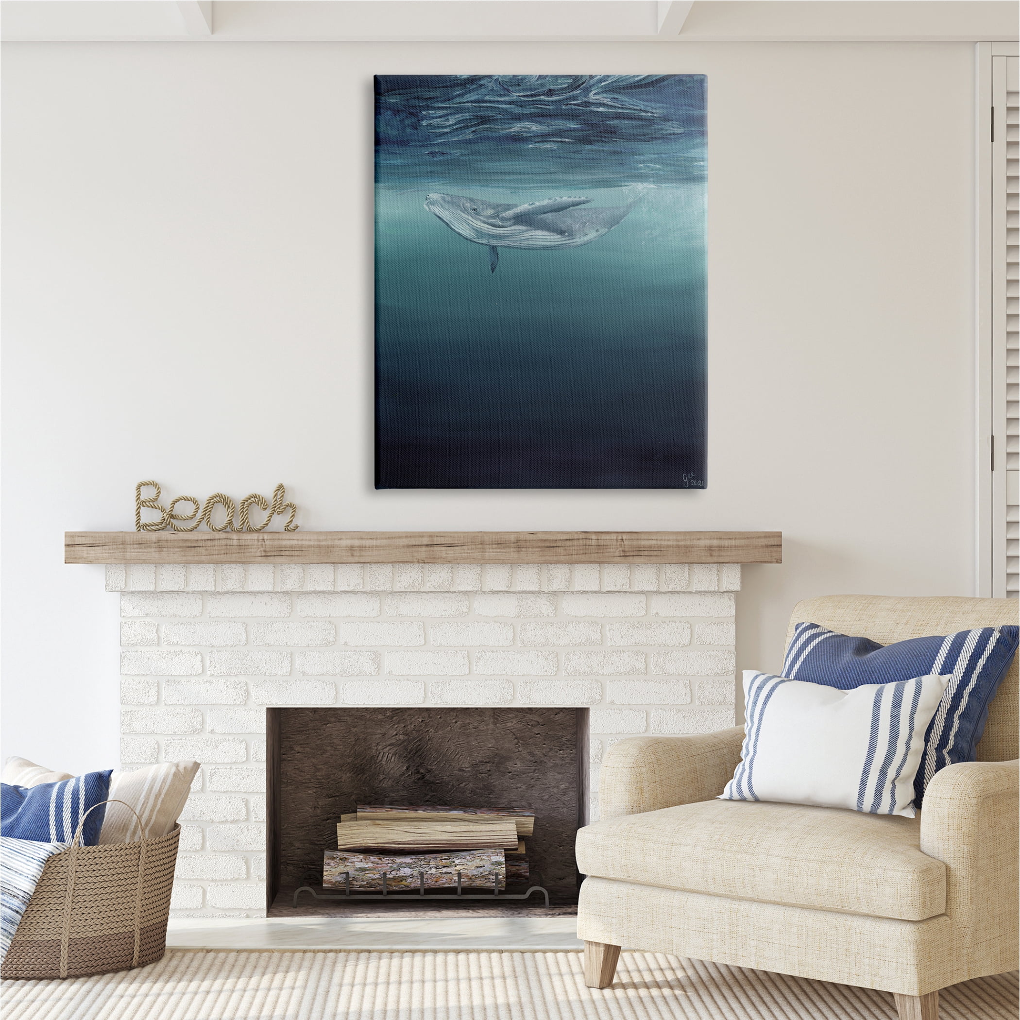 Stupell Industries Whale Swimming Underwater Animals & Insects Painting Gallery Wrapped Canvas Print Wall Art, 36 x 48