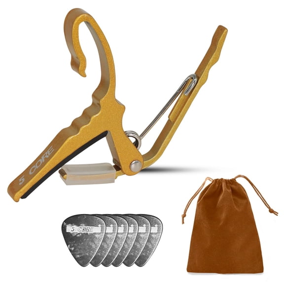 Premium Aluminum Guitar Capo   6 Picks & Carry Bag - Universal Clip for Acoustic/Electric/Ukulele (Yellow)