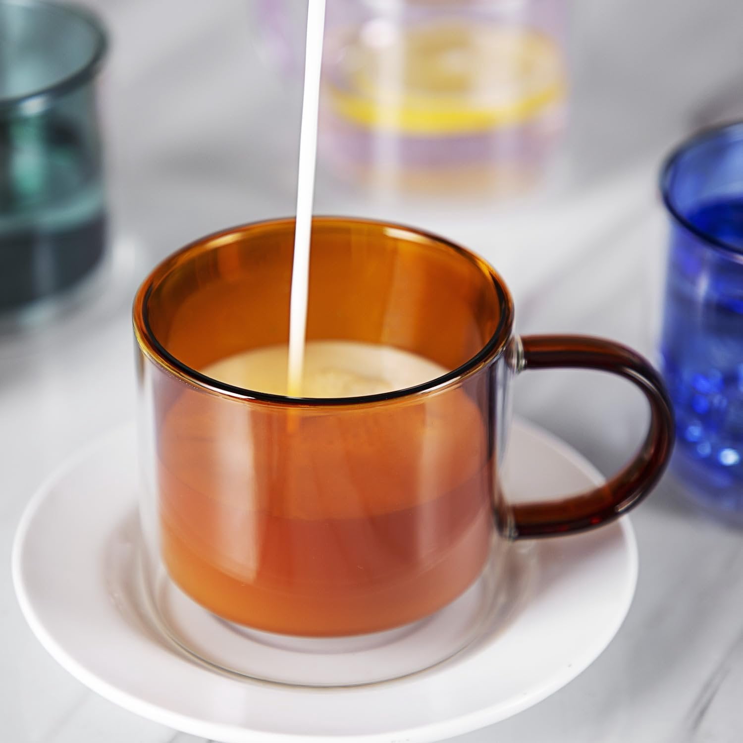 Bacimi Double Wall Insulated Coffee Mugs Set of 4 / 9oz - Clear Borosilicate Mug with Handle - Thermal Drinking Cups for Espresso, Cappuccino, Latte, Tea, Hot Beverage, Wine - Microwave Safe