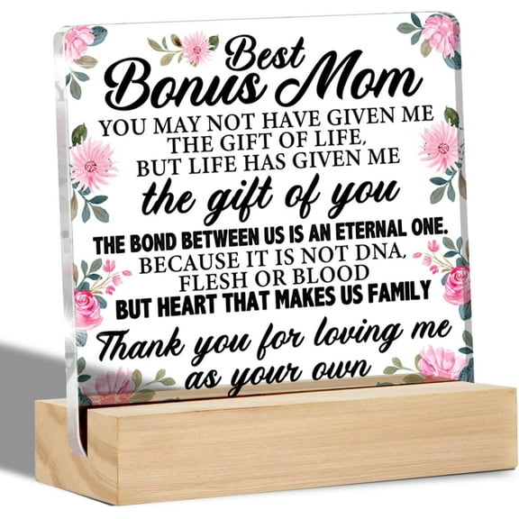 Bonus Mom Gifts From Stepdaughter Stepson, Best Bonus Mom Clear Desk Sign Gifts for Stepmother Acrylic Sign Keepsake Gifts for Birthday Christmas Mother's Day 4x4 Inch