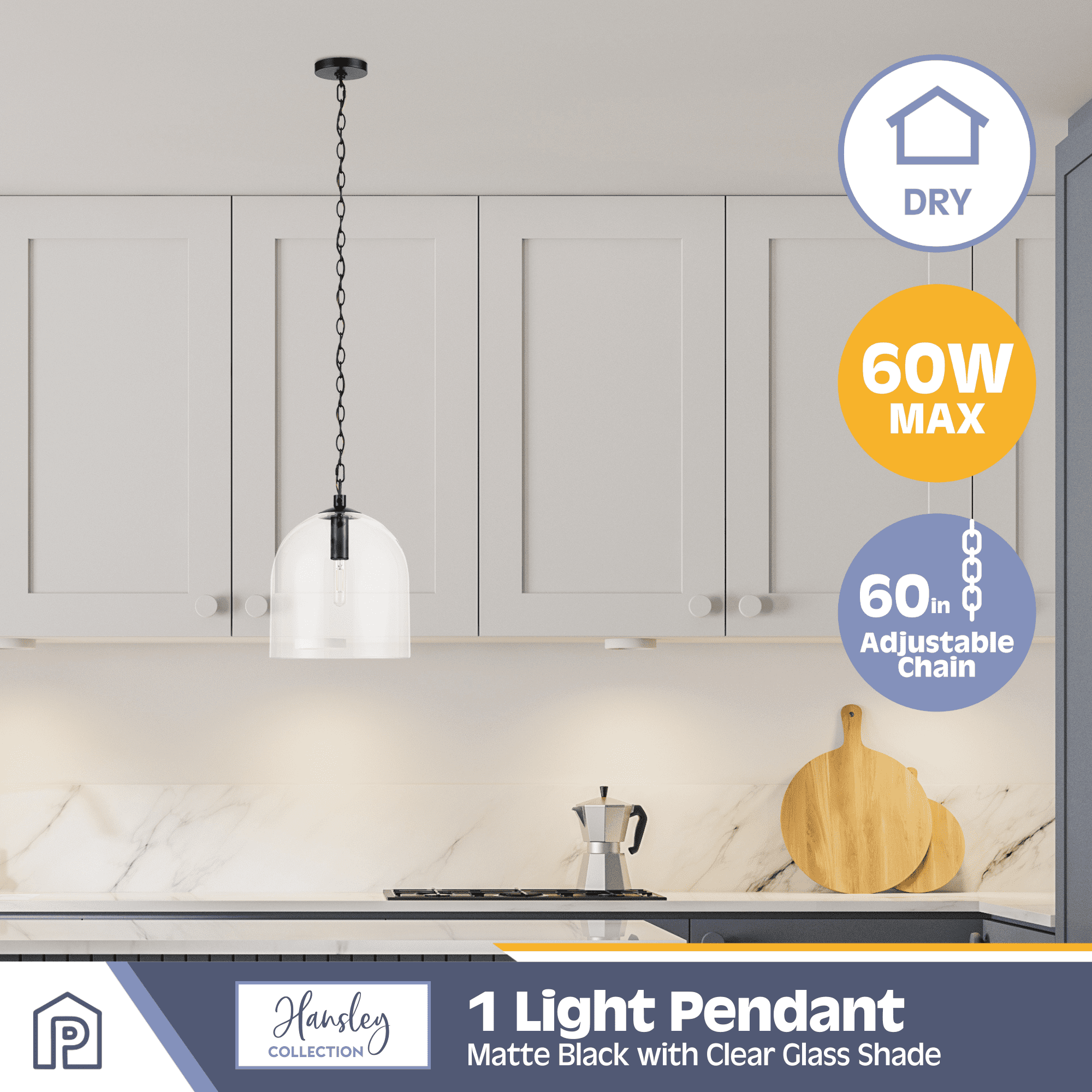Prominence Home Hansley Matte Black 1-Light Pendant with Clear Glass