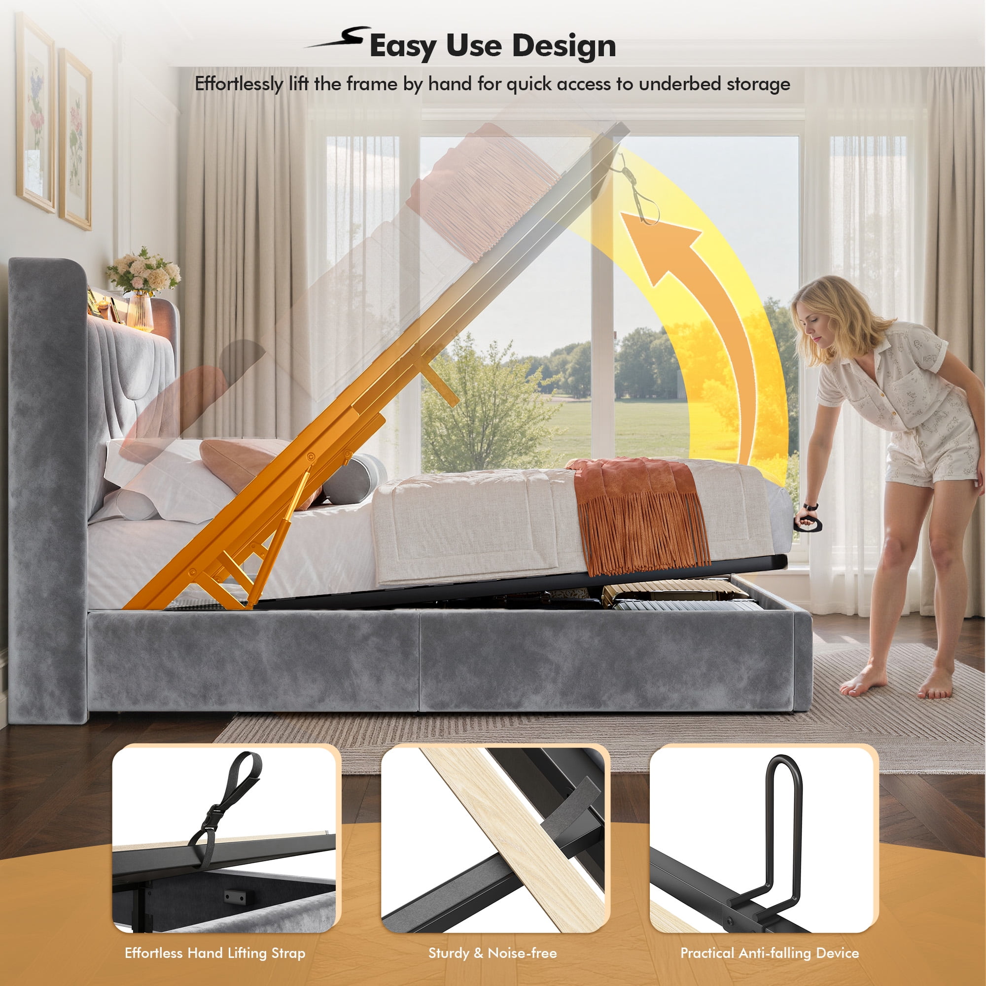 EnHomee Queen Size Lift up Hydraulic Platform Storage Bed Frame with LED Light &Charge Station,Gray