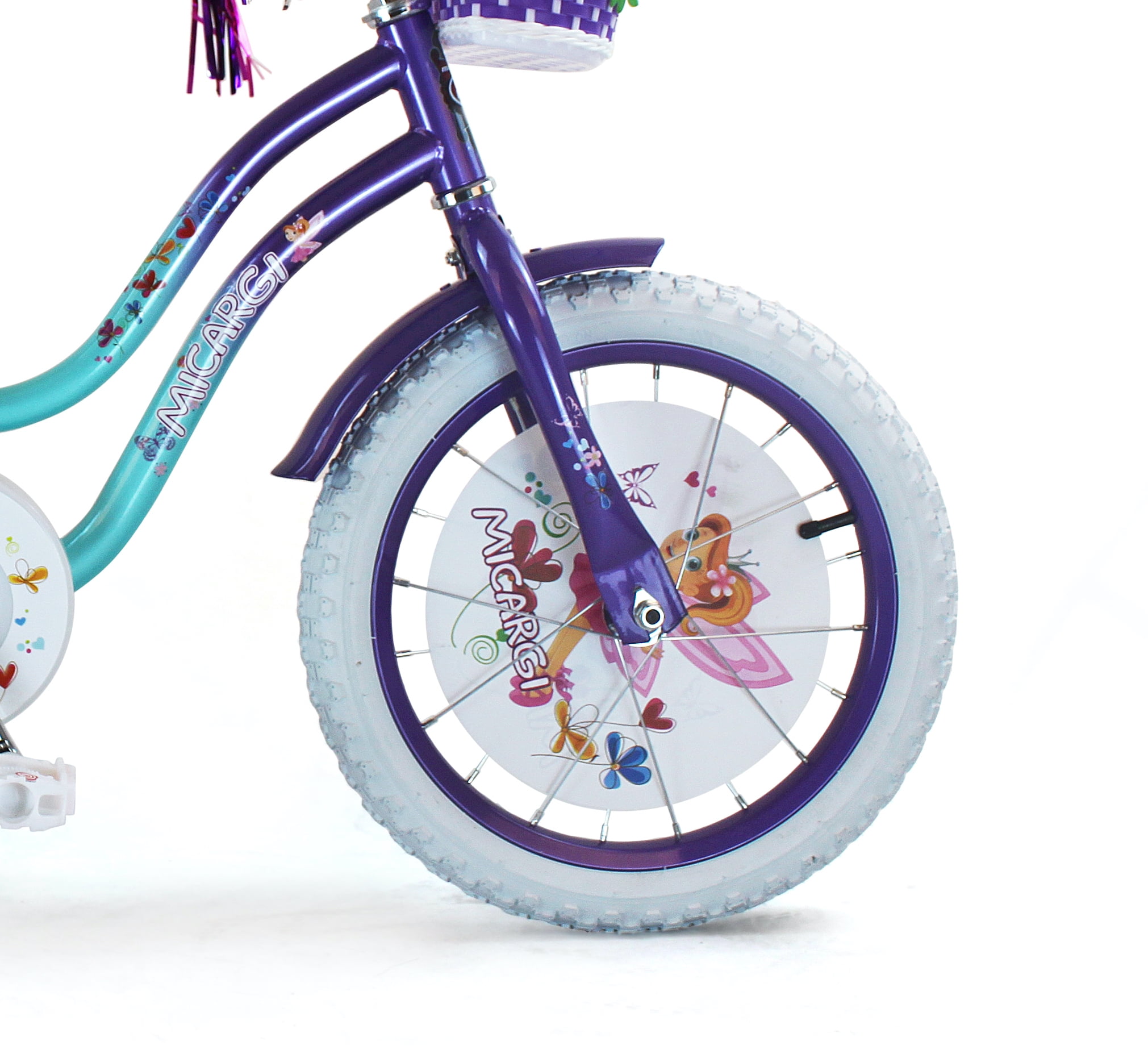PlayWorld 16" Cruiser Steel Frame Bicycle Coaster Brake One Piece Crank, White Full cover Chain cover, Purple Baskets, Fenders & Rims, White Tire, Frame Kid's Bike - Baby Blue/Purple