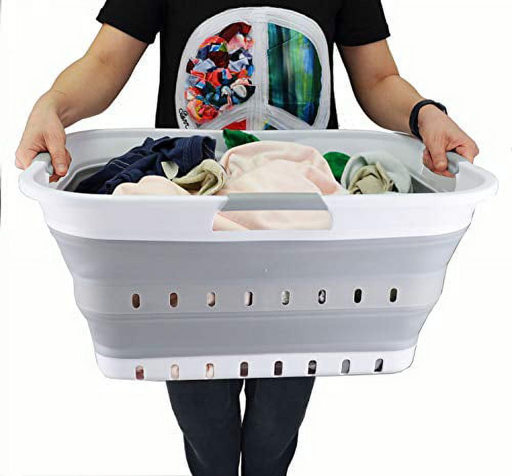 SAMMART 42L (11 gallon) Collapsible Plastic Laundry Basket - Foldable Pop Up Storage Container/Organizer - Space Saving Hamper/Basket (1, White/Grey) C29