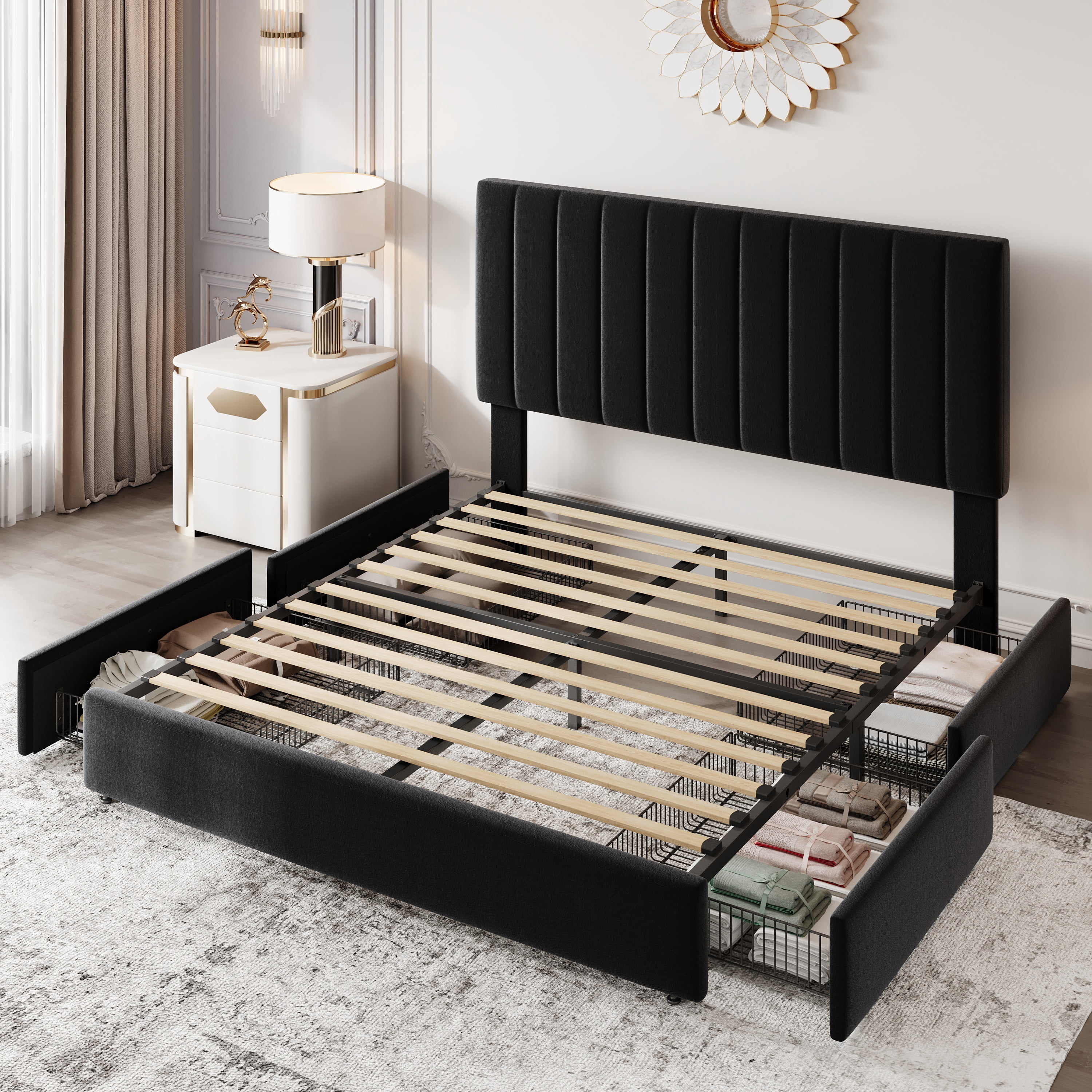 Einfach Full Bed Frame with Adjustable Upholstered Velvet Headboard and 4 Storage Drawers, No Box Spring Required, Black