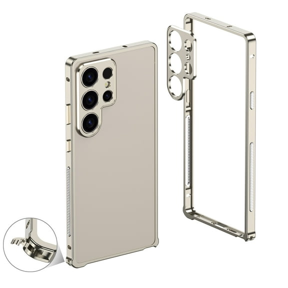 For Samsung Galaxy S25 Ultra Metal Bumper Phone Case,With Lens Protector,Slim Fit No Back No Frame Backless Metal Bumper 4 Corners Shockproof Rugged Heat Dissipation Phone Case,Gold