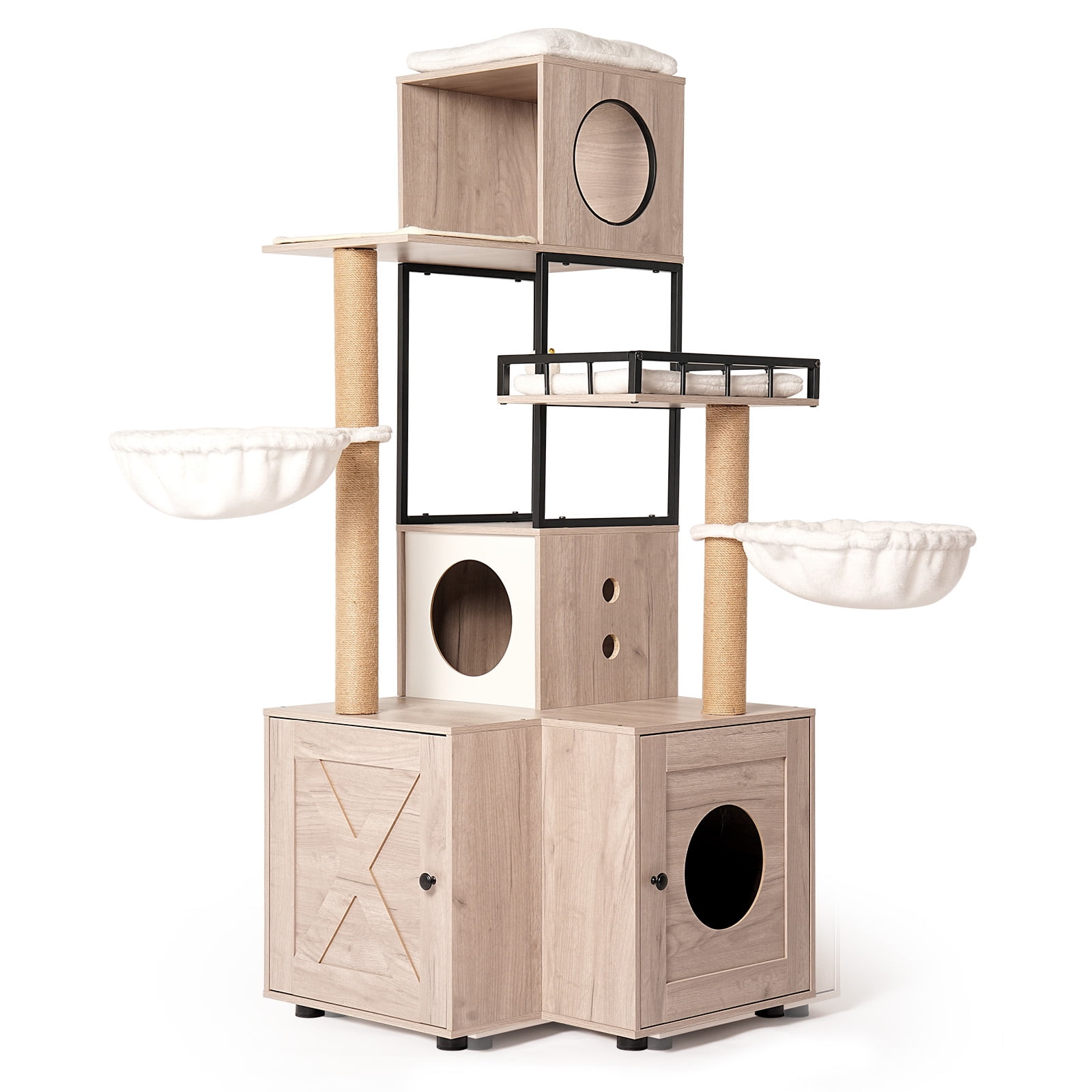 63-Inch Multi-Functional Cat Tree with Litter Box Enclosure, Extra Tall Cat Tower Condo with Dual Condos, Scratching Posts and Removable Cushion, Large Cat Furniture, Rustic Gray