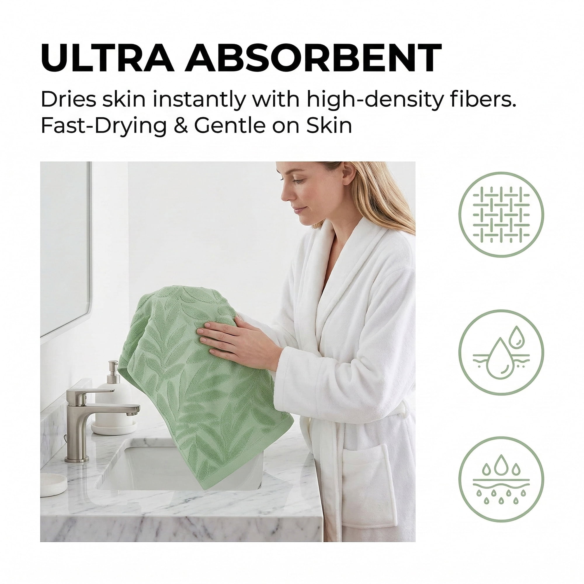 Unique Bargains Embossed Leaf Hand Towels Pure Cotton Absorbent Green 28" x 16"