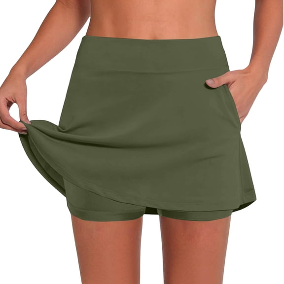 Cagogo Women Plus Size Skirt Shorts High Waisted Flowy Casual Solid Loose Double Layer Shorts Skirt Elastic Waist Summer Lounge Sport, Army Green L