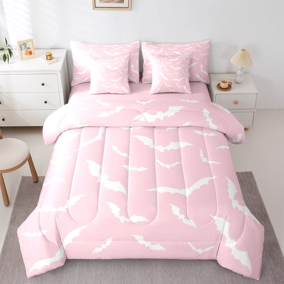 Manfei Spooky Bats 7-Piece Twin Bedding Sets,Happy Halloween Bedding Comforter Set,Pink White Sheet Sets For Girls Kids,Luxury Bedroom Decor Reversible